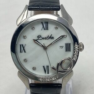 Bertha Watch Women 38mm Silver Tone XO Date Crystals Bling MOP New Battery 9"